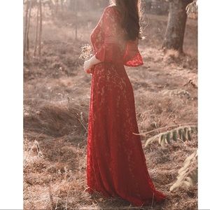 MISSMAY Full Lace Contrast Bell Sleeve Formal Long Dress Red Size S NWT